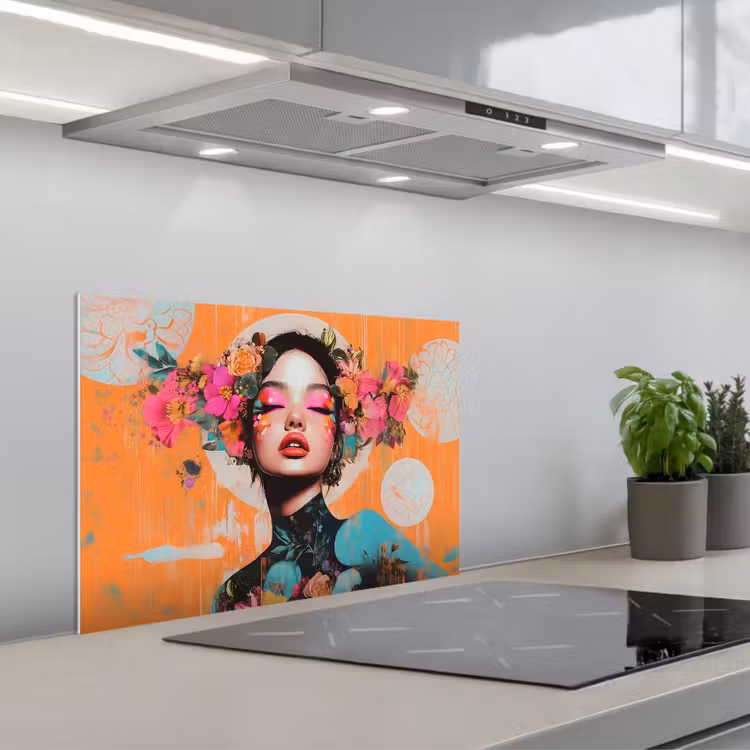 Spatscherm keuken - Portret - Vrouw - Abstract - Bloemen — 5