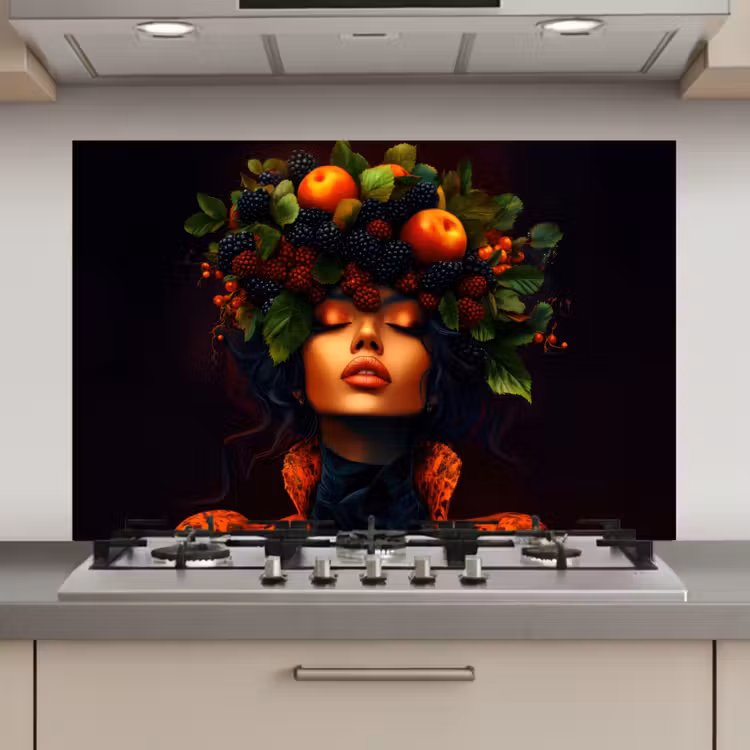 Spatscherm keuken - Vrouw - Zwart - Bessen - Bramen - Appels — 1