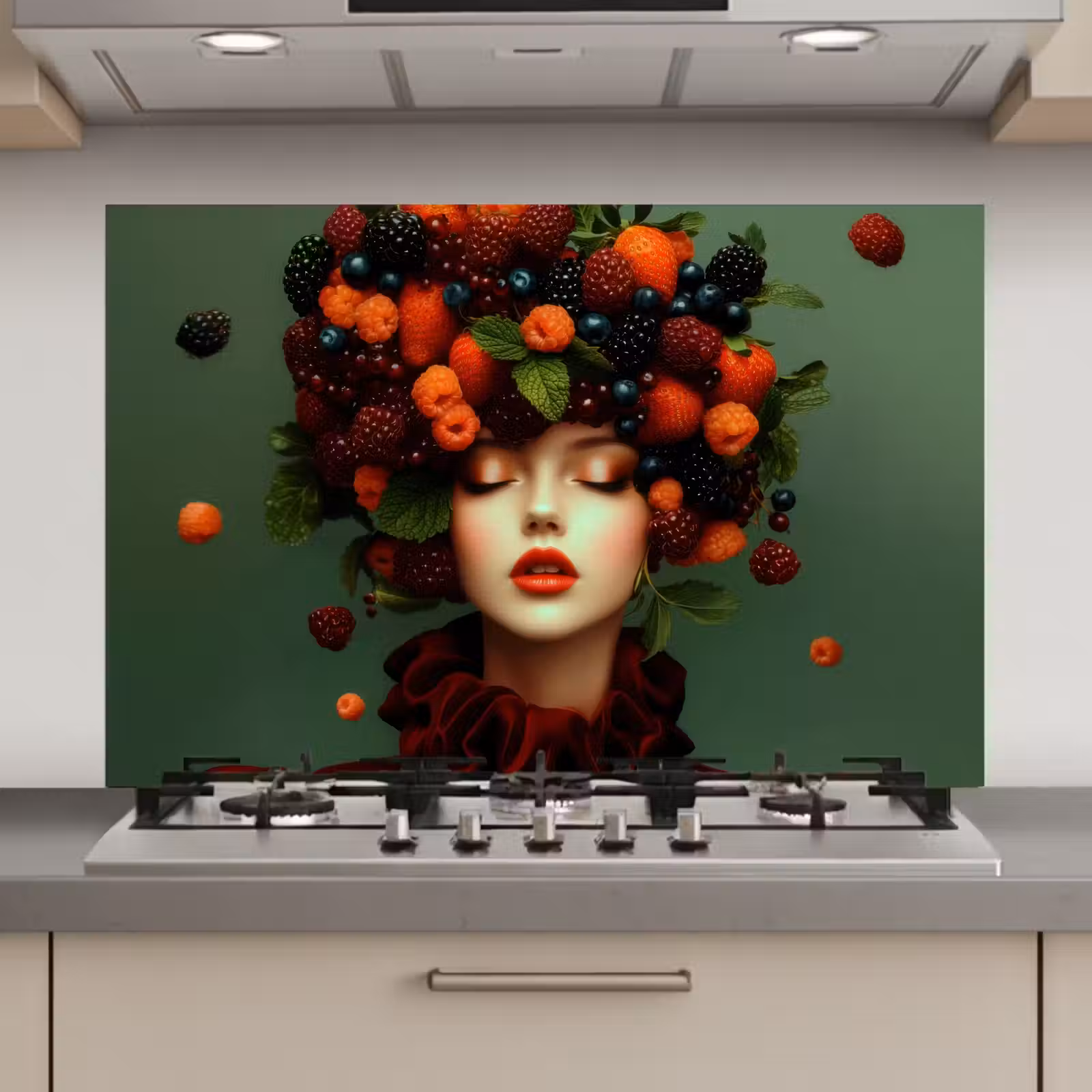 Spatscherm keuken - Vrouw - Aardbeien - Frambozen - Bramen - Bessen — 1