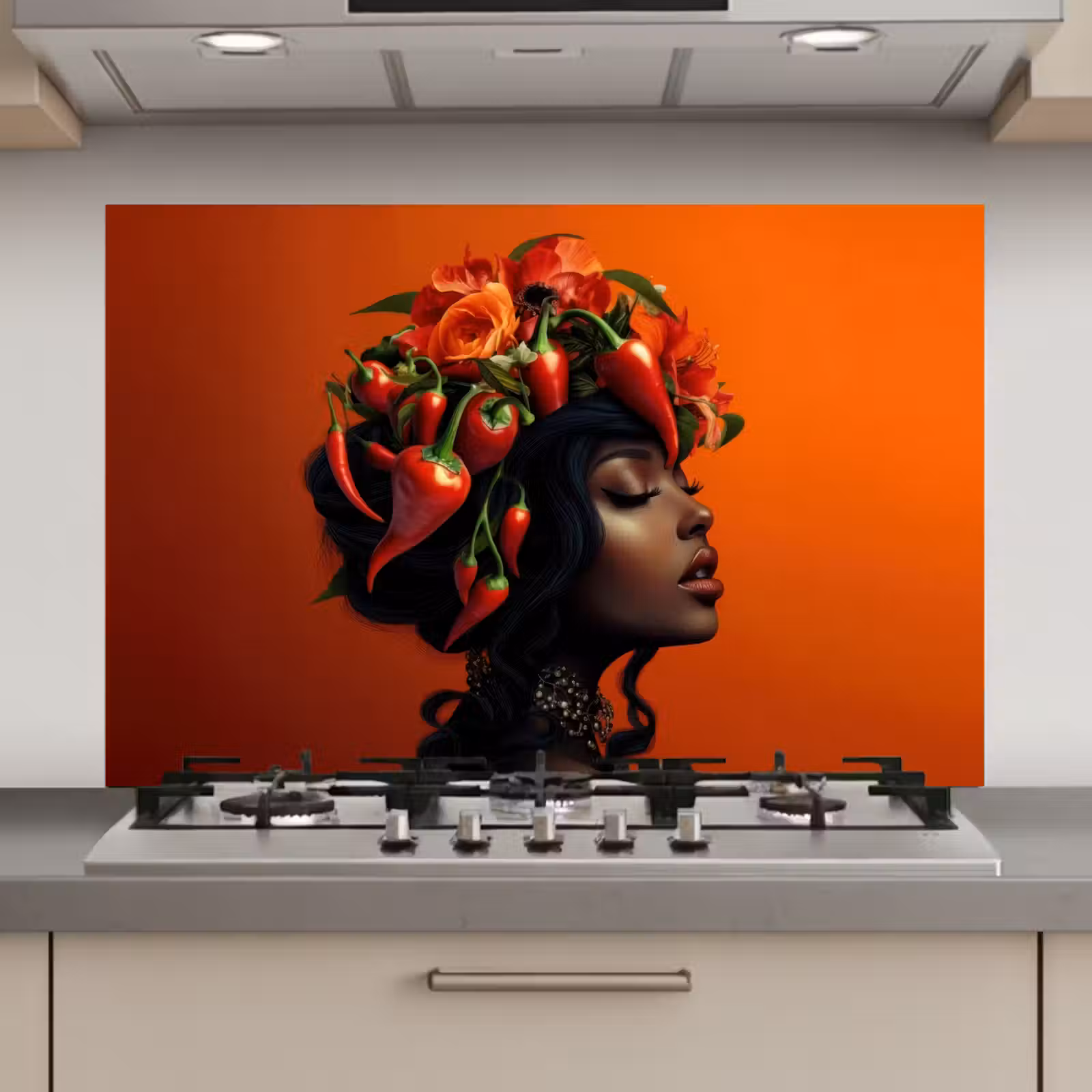 Spatscherm keuken - Vrouw - Chilipepers - Pepers - Bloemen — 1
