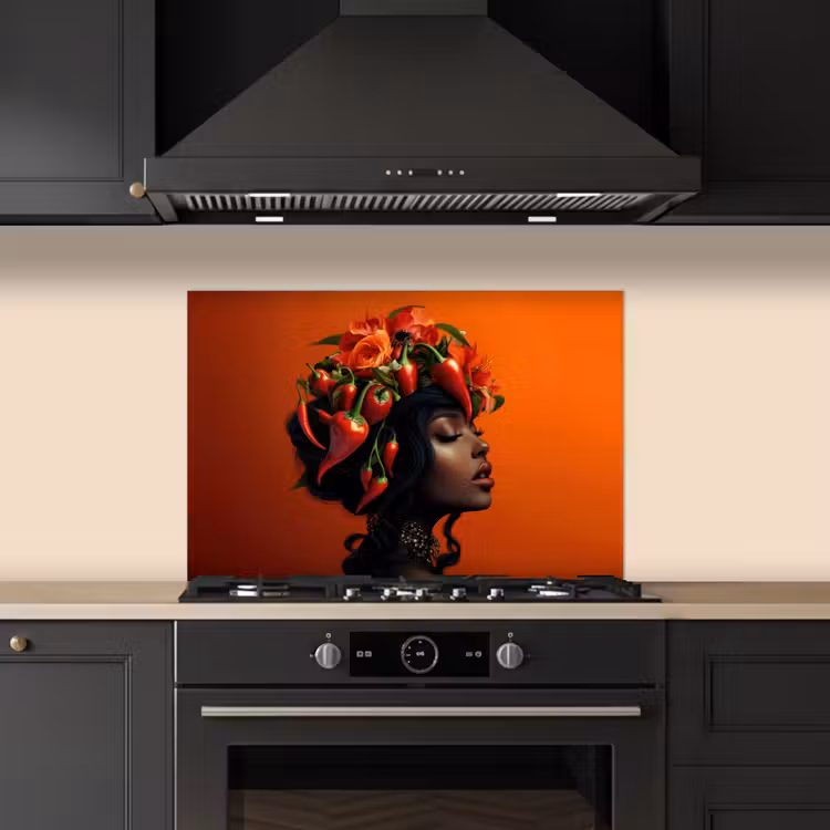 Spatscherm keuken - Vrouw - Chilipepers - Pepers - Bloemen — 2