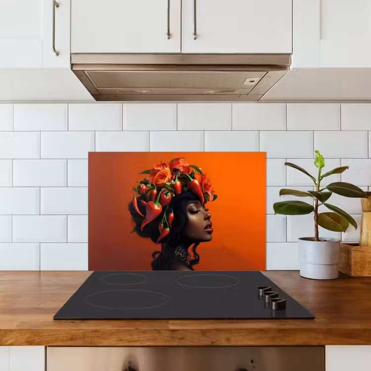 Spatscherm keuken - Vrouw - Chilipepers - Pepers - Bloemen — 6