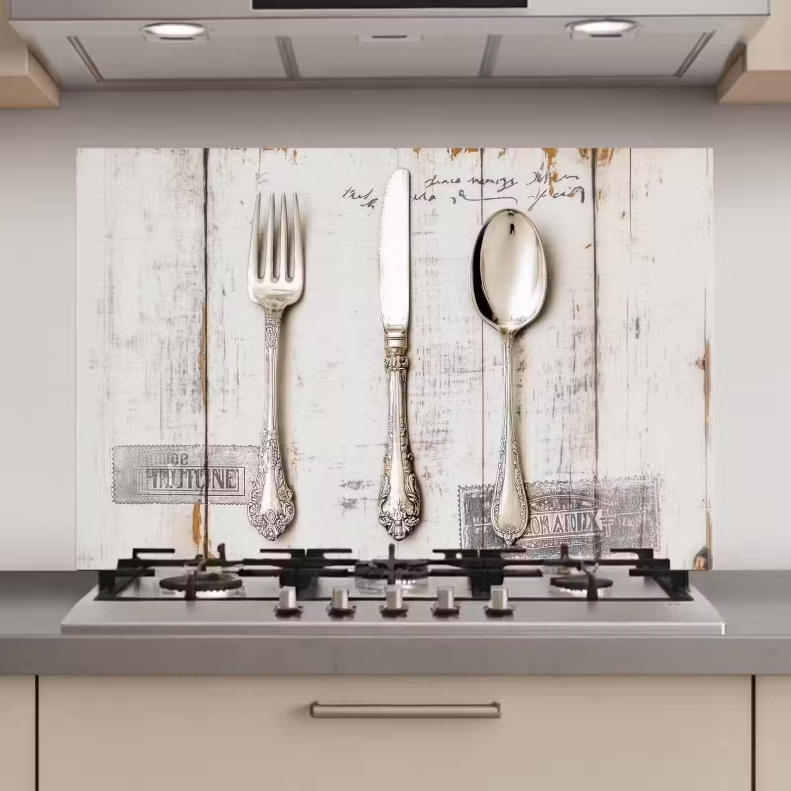 Spatscherm keuken - Zilver - Bestek - Hout — 1