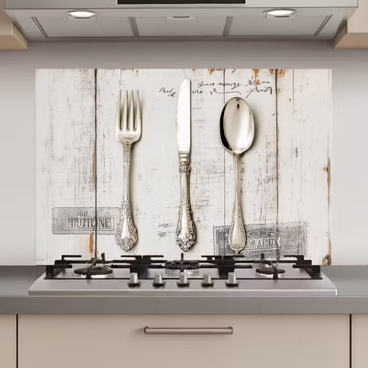 Spatscherm keuken - Zilver - Bestek - Hout — 1