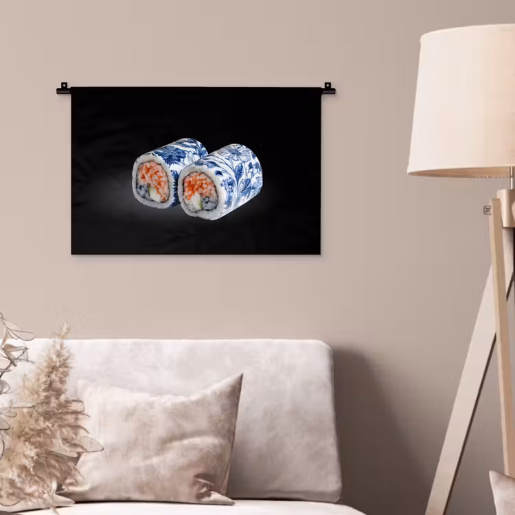 Wandkleed - Sushi - Delfts blauw - Rijst - Vis - Elegant — 2
