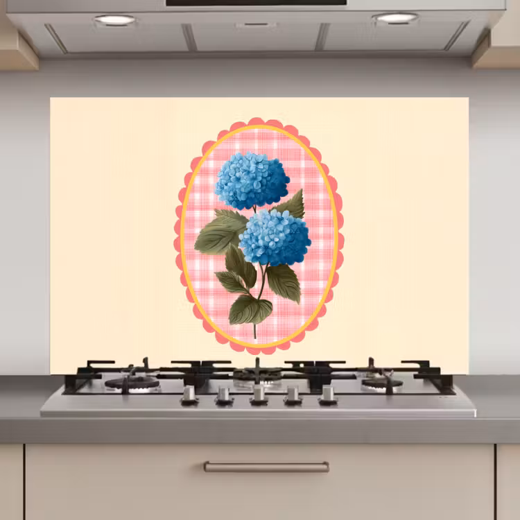 Spatscherm keuken - Bloemen - Blauw - Lijst - Bladeren — 1