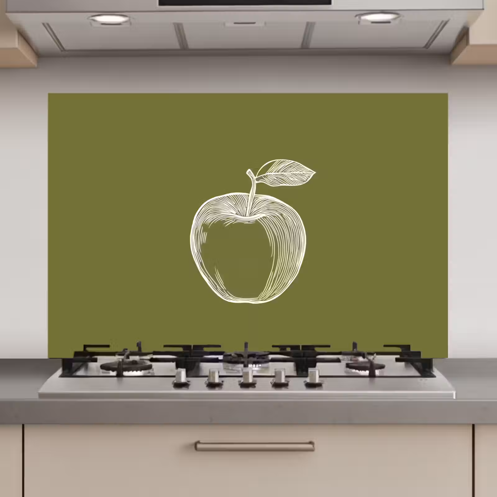 Spatscherm keuken - Lijntekening - Appel - Olijfgroen - Blaadje — 1
