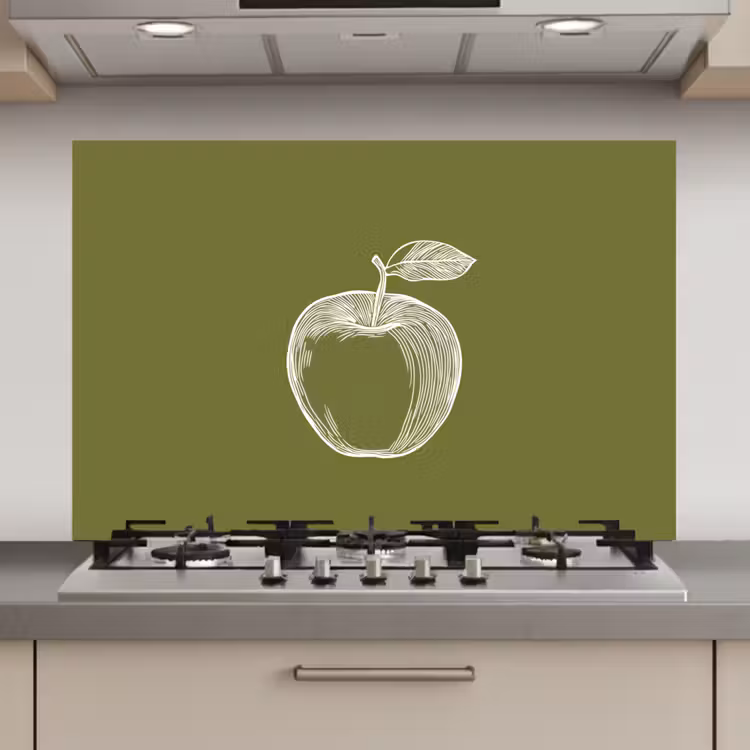 Spatscherm keuken - Lijntekening - Appel - Olijfgroen - Blaadje — 1