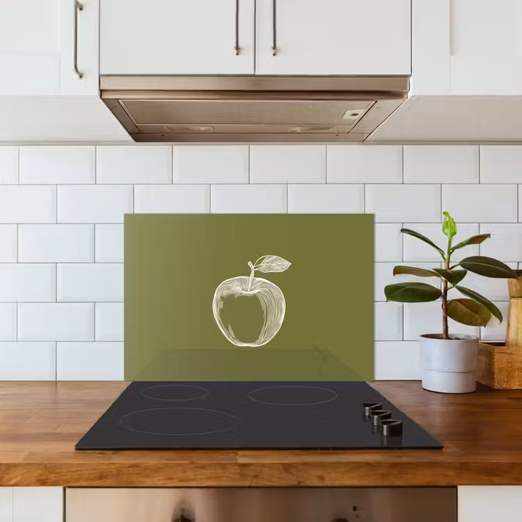 Spatscherm keuken - Lijntekening - Appel - Olijfgroen - Blaadje — 6