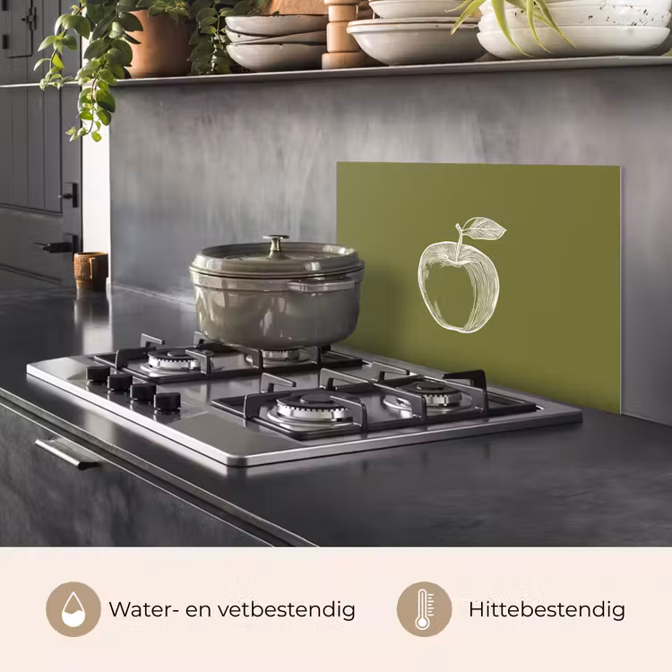 Spatscherm keuken - Lijntekening - Appel - Olijfgroen - Blaadje — 7
