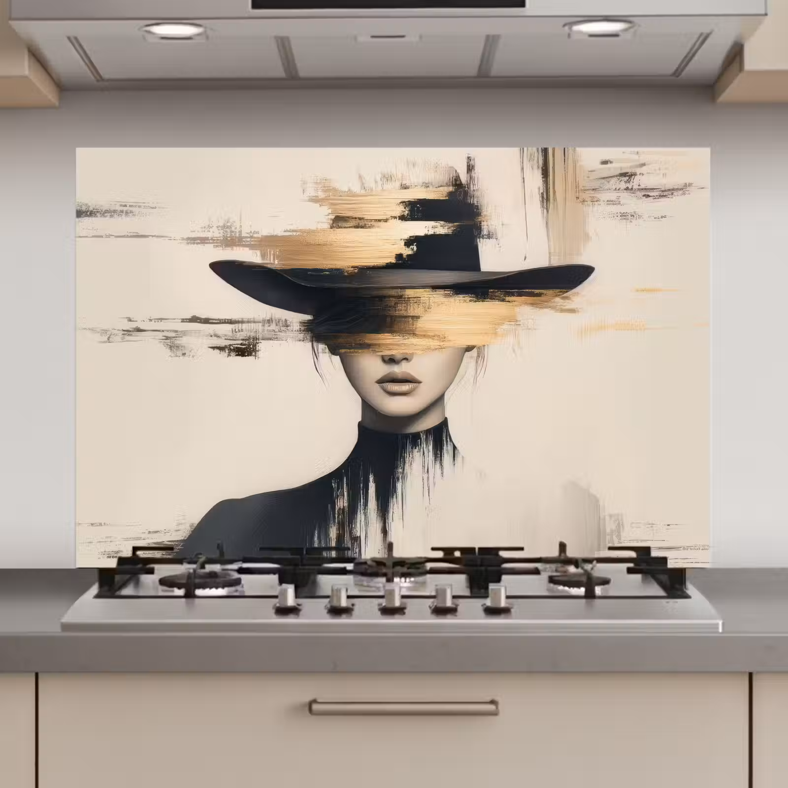 Spatscherm keuken - Vrouw - Hoed - Verf — 1