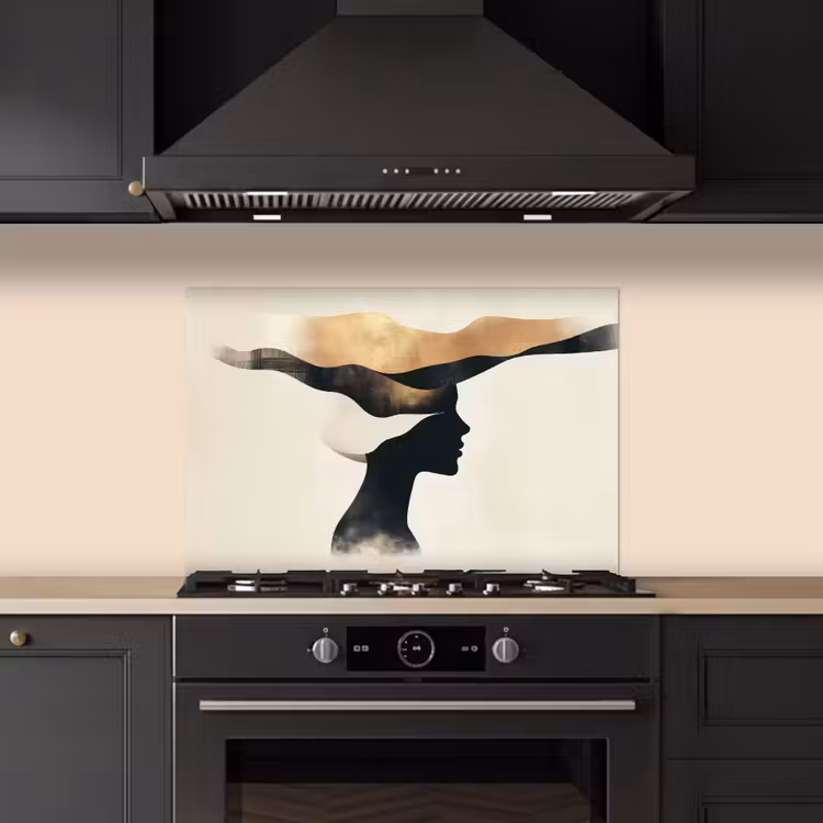 Spatscherm keuken - Vrouw - Golven - Zwart — 2