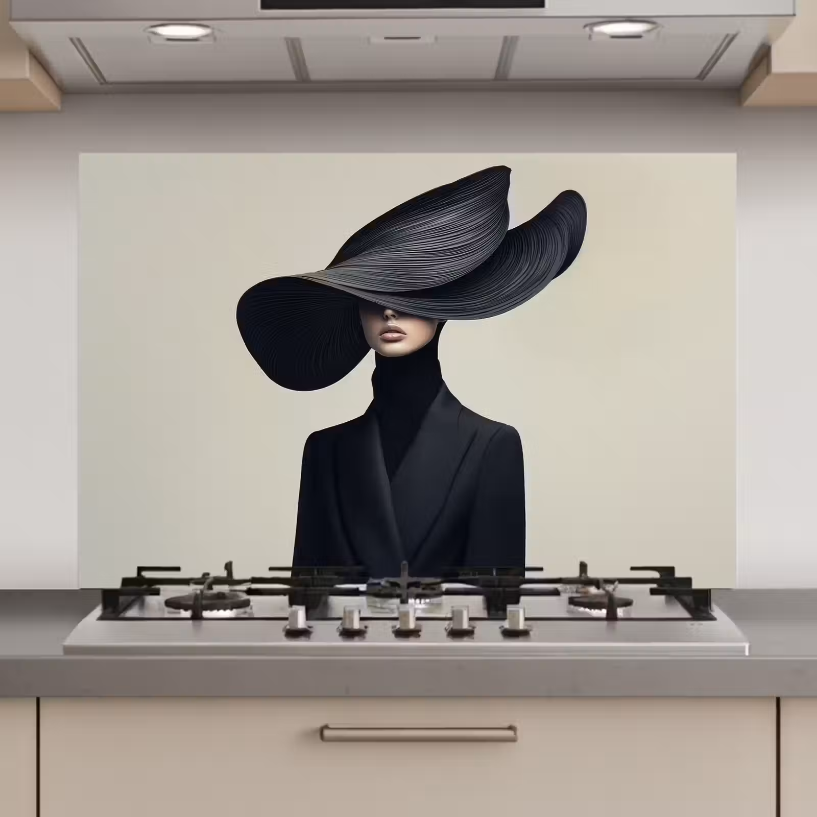 Spatscherm keuken - Zwart - Vrouw - Hoed — 1