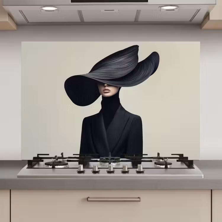 Spatscherm keuken - Zwart - Vrouw - Hoed — 1
