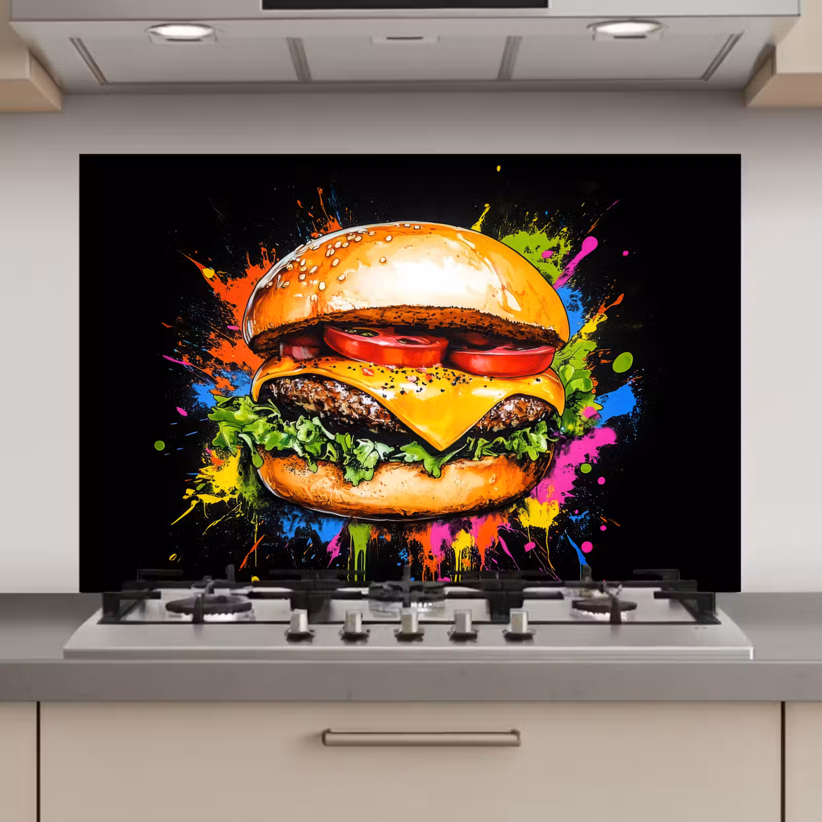Spatscherm keuken - Hamburger - Graffiti - Verf - Kleurrijk - Eten - Abstract — 1