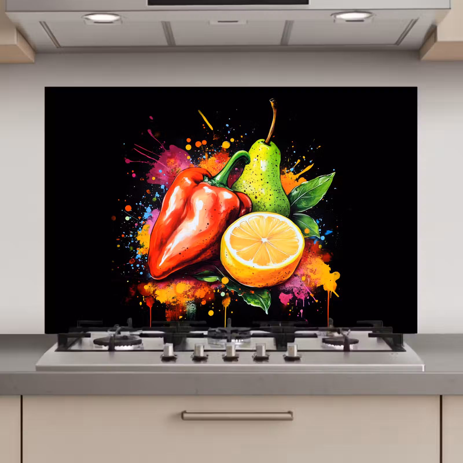 Spatscherm keuken - Paprika - Peer - Citroen - Graffiti - Verf - Abstract — 1