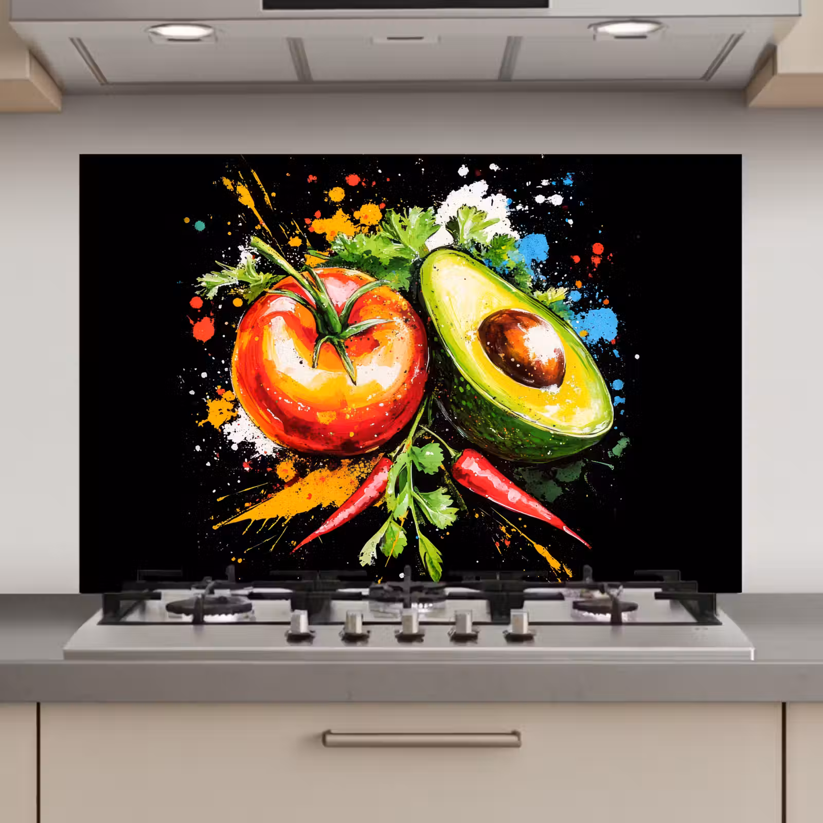 Spatscherm keuken - Tomaat - Avocado - Peper - Graffiti - Verf - Modern — 1