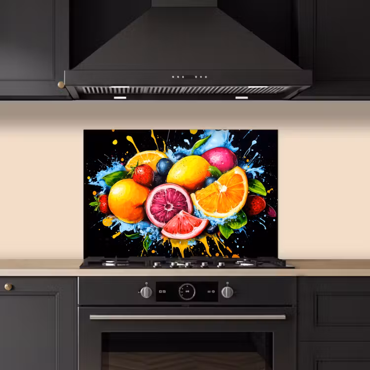 Spatscherm keuken - Fruit - Graffiti - Kleurrijk - Sinaasappel - Aardbei - Abstract — 2