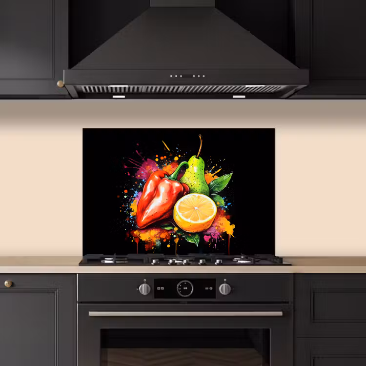 Spatscherm keuken - Paprika - Peer - Citroen - Graffiti - Verf - Abstract — 2
