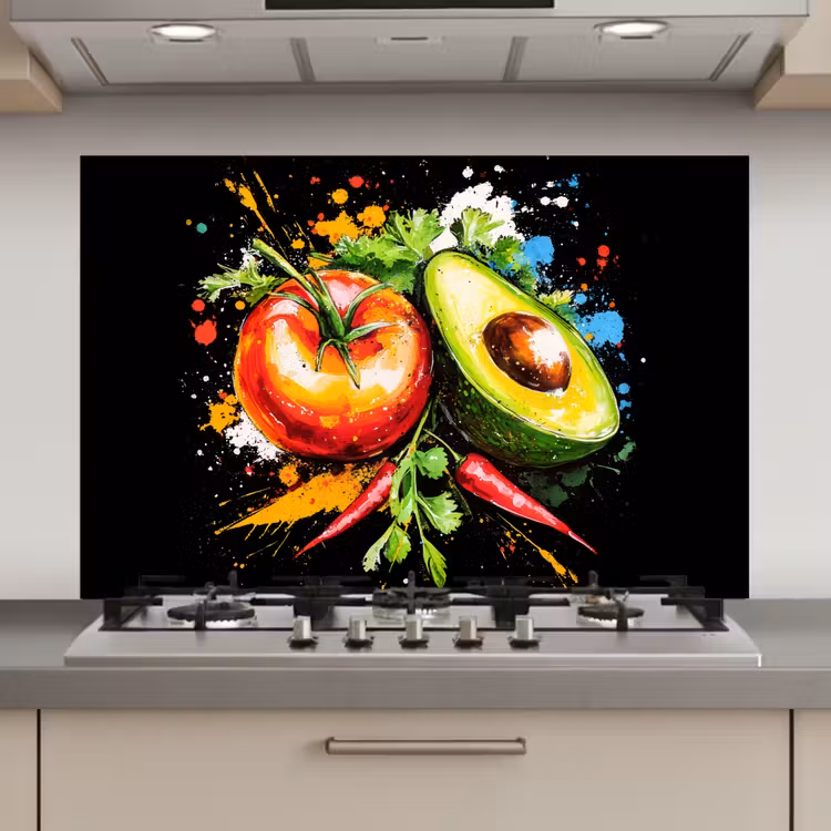 Spatscherm keuken - Tomaat - Avocado - Peper - Graffiti - Verf - Modern — 1