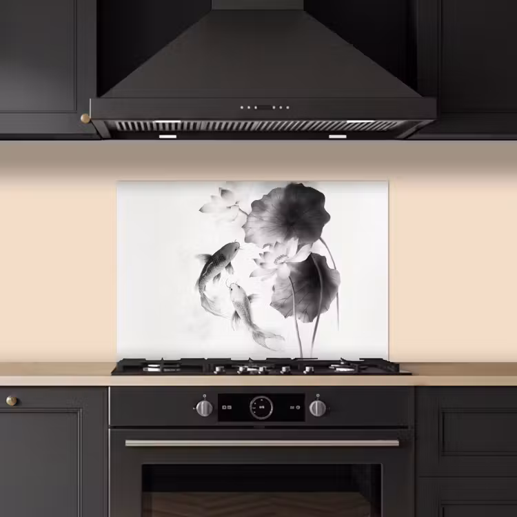Spatscherm keuken - Lotusbloemen - Vissen - Bladeren - Zwart — 2