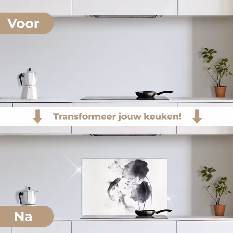 Spatscherm keuken - Lotusbloemen - Vissen - Bladeren - Zwart — 3