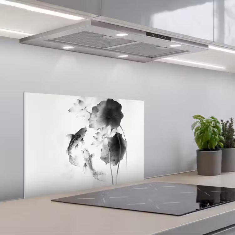 Spatscherm keuken - Lotusbloemen - Vissen - Bladeren - Zwart — 5