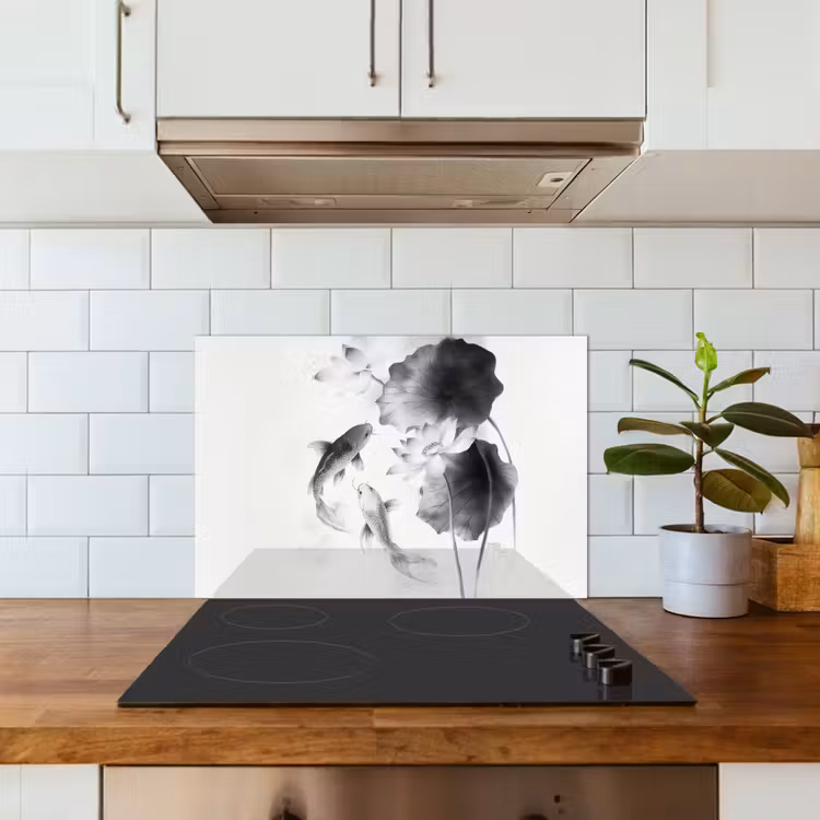 Spatscherm keuken - Lotusbloemen - Vissen - Bladeren - Zwart — 6