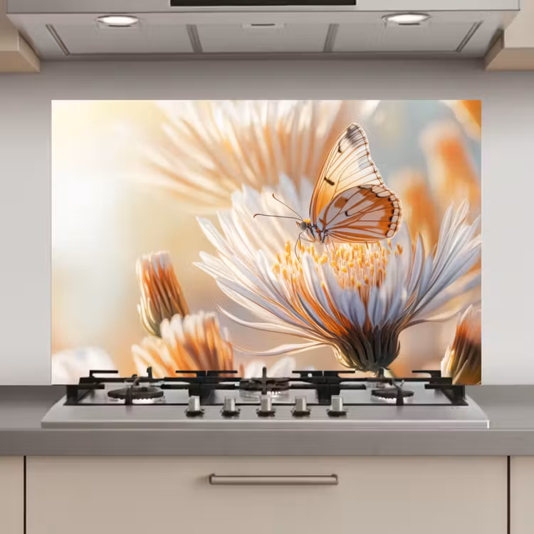 Spatscherm keuken - Vlinder - Bloem - Oranje — 1