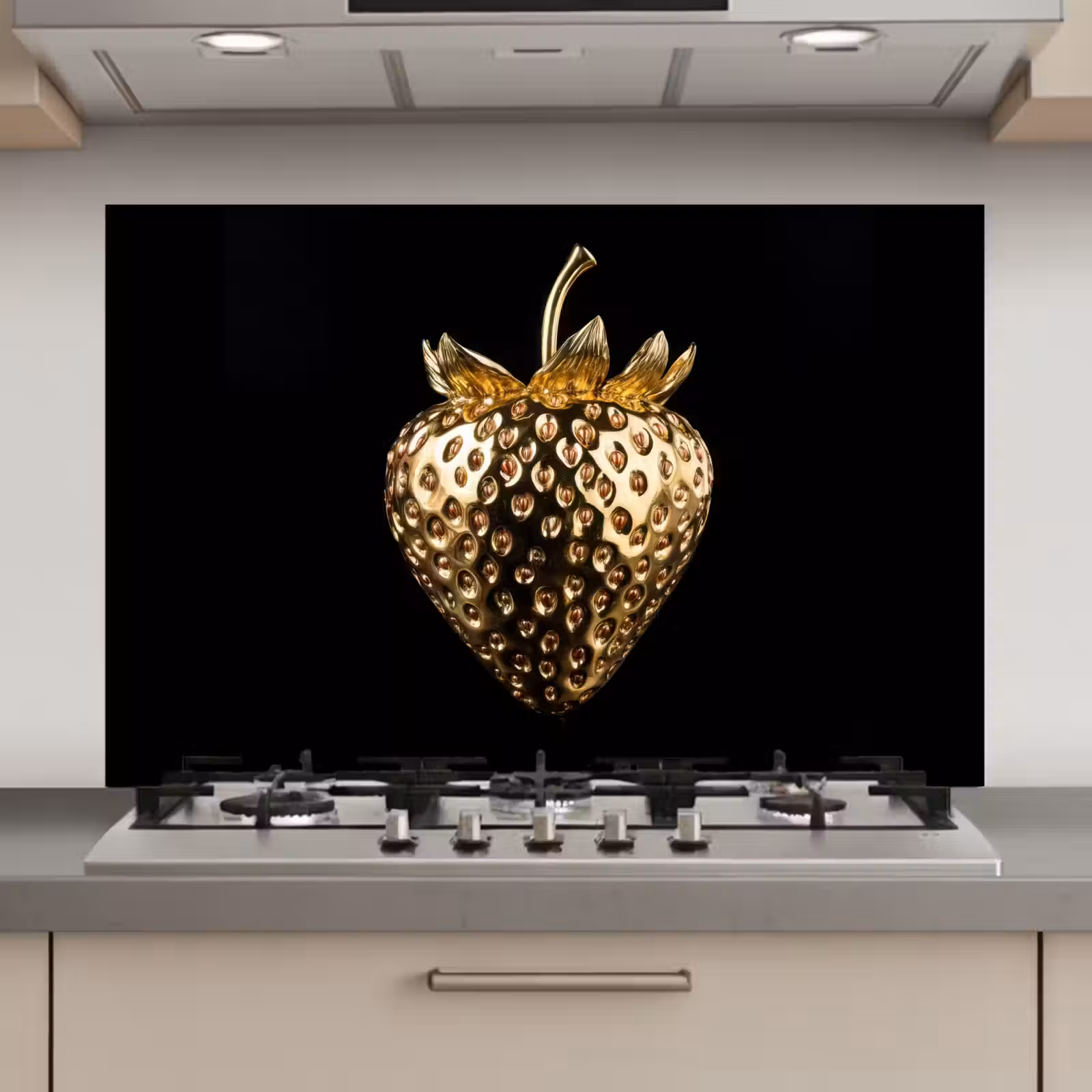 Spatscherm keuken - Aardbei - Goud - Zwart - Chrome — 1