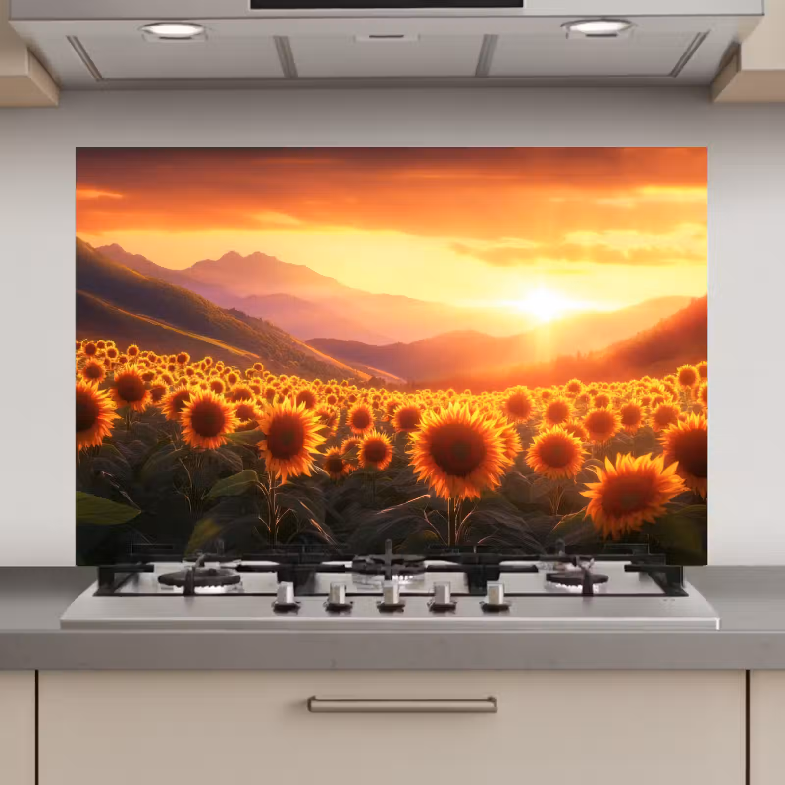 Spatscherm keuken - Zonnebloemen - Zonsondergang - Landschap — 1