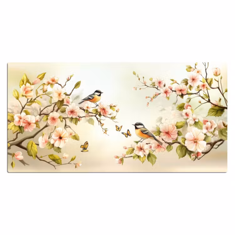 Bureau onderlegger - Takken - Bloemen - Vogeltjes - Roze — 1