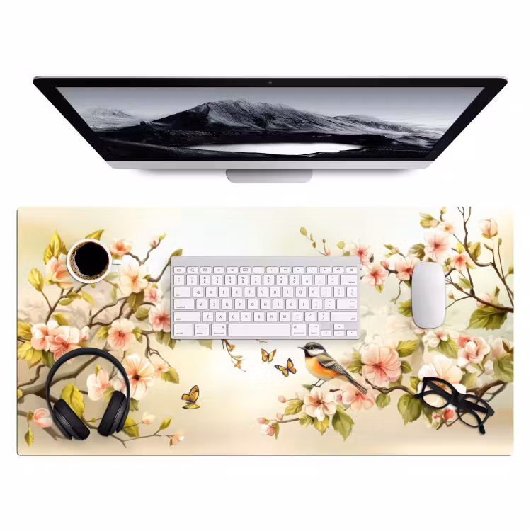 Bureau onderlegger - Takken - Bloemen - Vogeltjes - Roze — 3