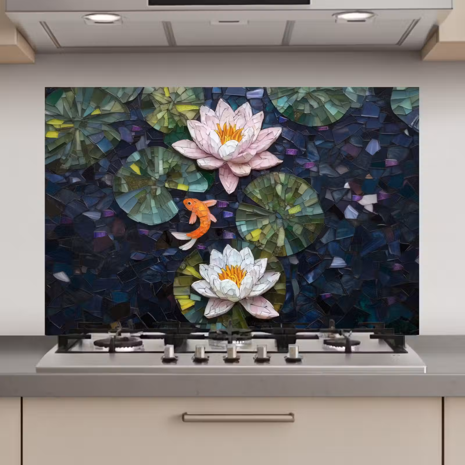 Spatscherm keuken - Glasstukjes - Leliebladeren - Vis - Oranje — 1