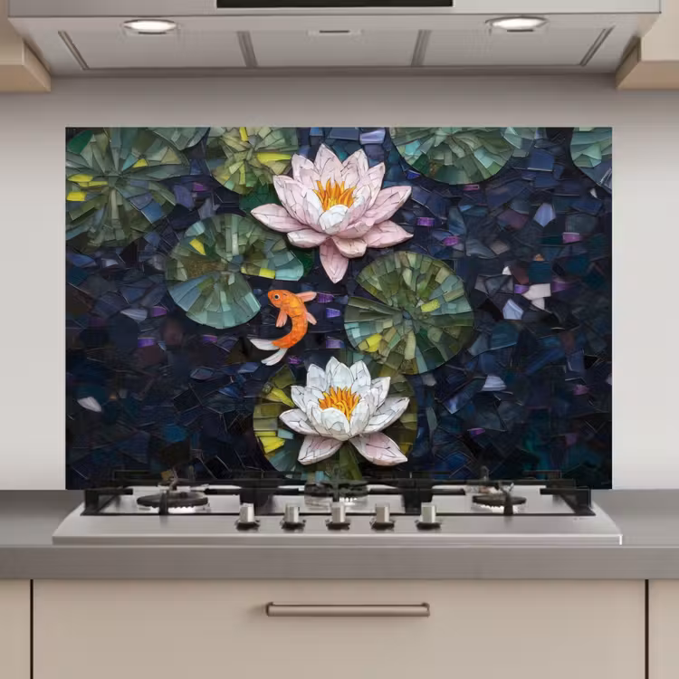 Spatscherm keuken - Glasstukjes - Leliebladeren - Vis - Oranje — 1
