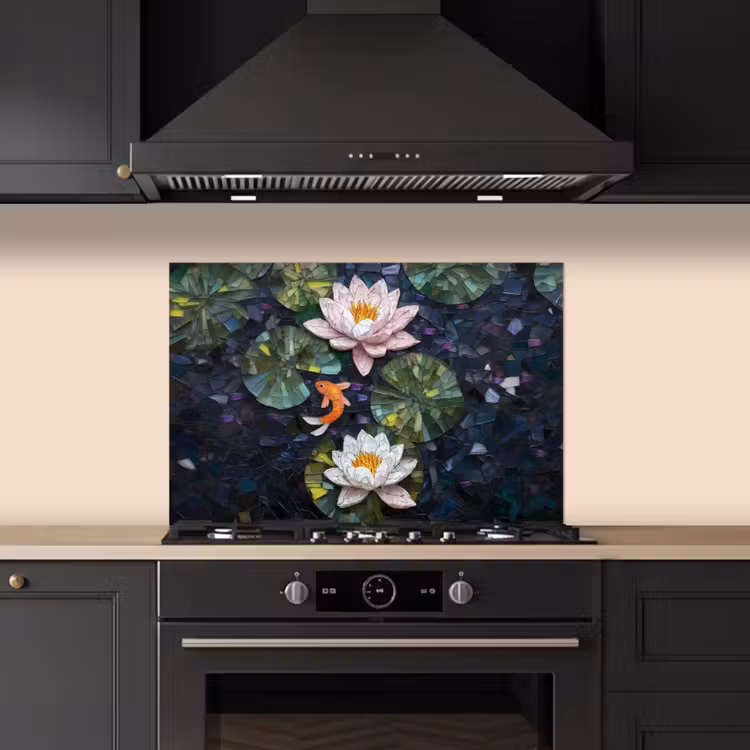 Spatscherm keuken - Glasstukjes - Leliebladeren - Vis - Oranje — 2