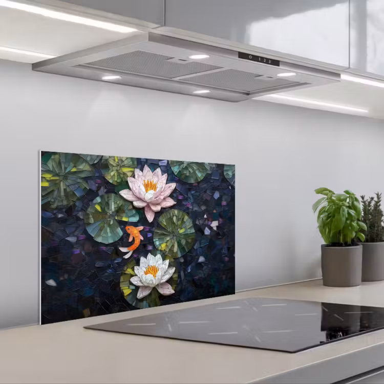 Spatscherm keuken - Glasstukjes - Leliebladeren - Vis - Oranje — 5