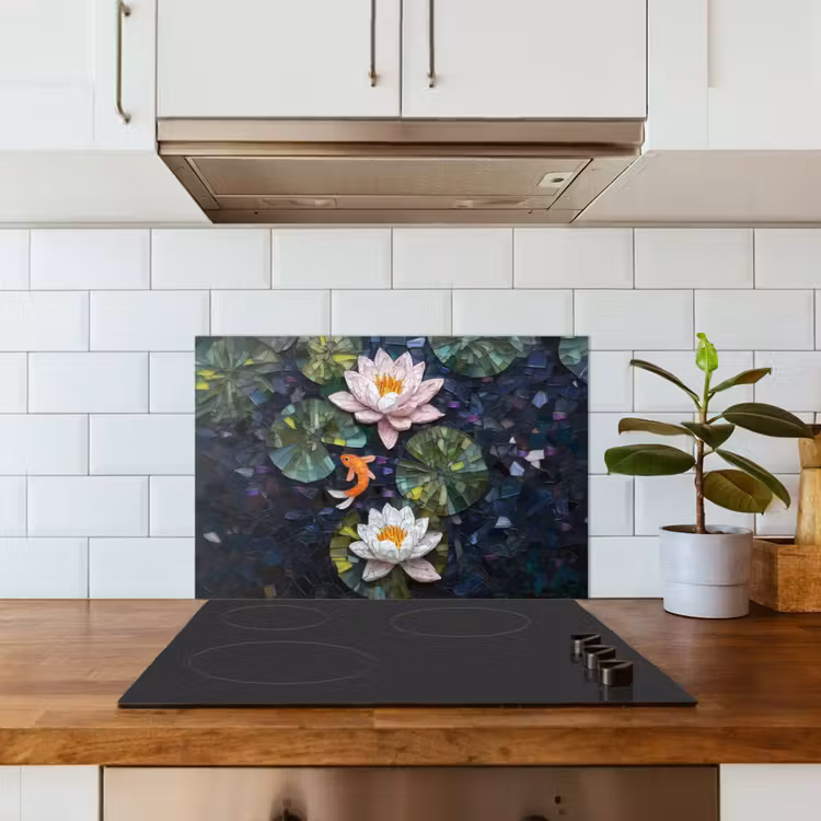 Spatscherm keuken - Glasstukjes - Leliebladeren - Vis - Oranje — 6