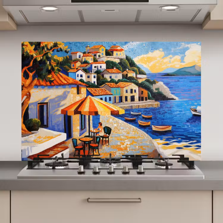 Spatscherm keuken - Kustdorp - Huisjes - Mozaïek - Zee — 1