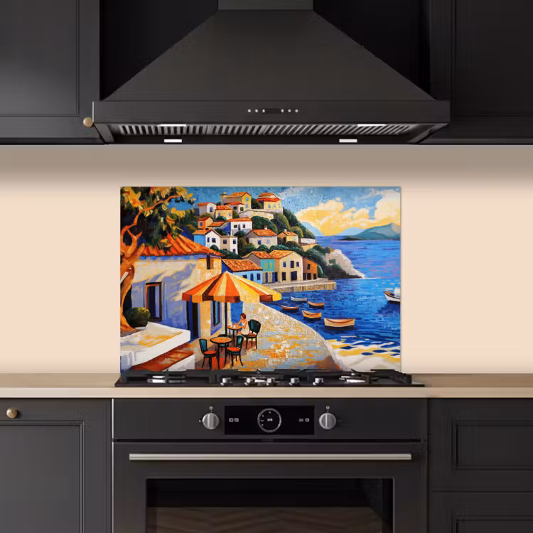 Spatscherm keuken - Kustdorp - Huisjes - Mozaïek - Zee — 2