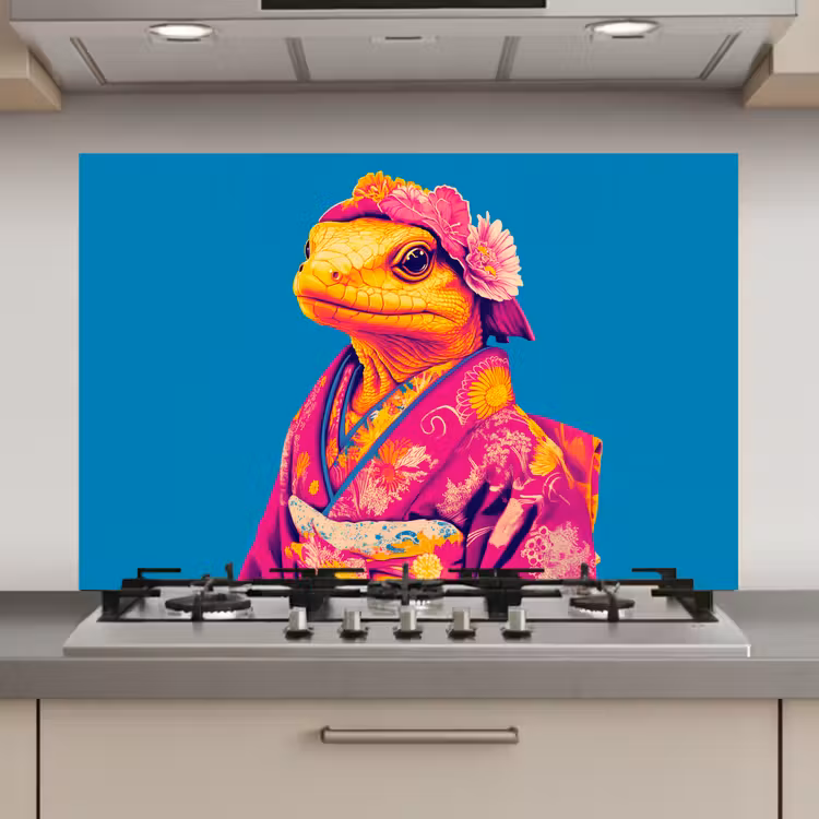 Spatscherm keuken - Bloemenkrans - Hagedis - Kimono - Paars — 1