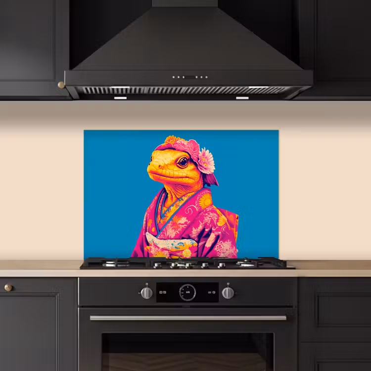 Spatscherm keuken - Bloemenkrans - Hagedis - Kimono - Paars — 2