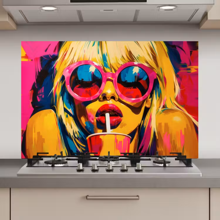 Spatscherm keuken - Zonnebril - Roze - Vrouw - Rietje — 1