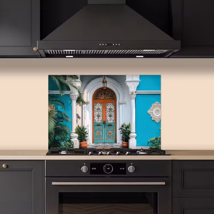 Spatscherm keuken - Zuilen - Sierlijke - Deur - Blauw — 1