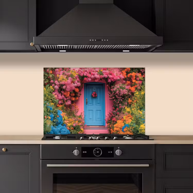 Spatscherm keuken - Bloemen - Deur - Roze — 1