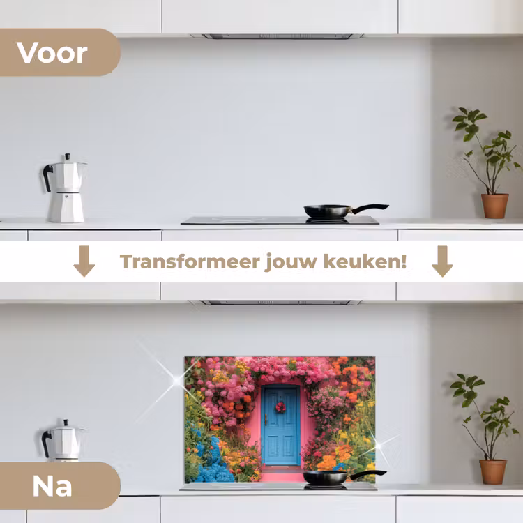 Spatscherm keuken - Bloemen - Deur - Roze — 2