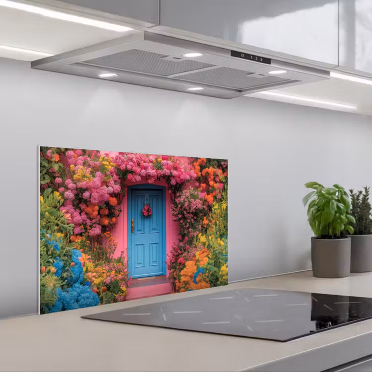 Spatscherm keuken - Bloemen - Deur - Roze — 4