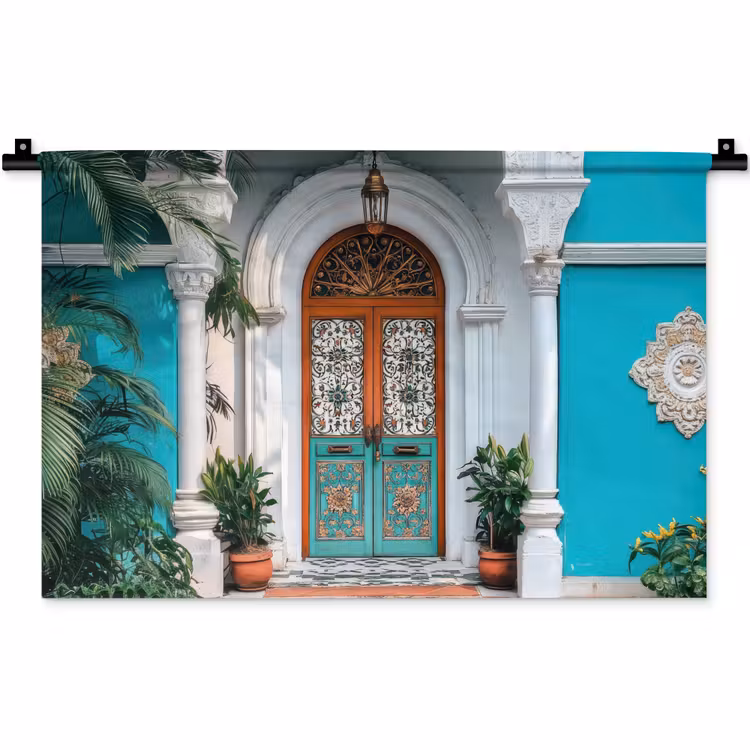 Wandkleed - Zuilen - Sierlijke - Deur - Blauw — 1