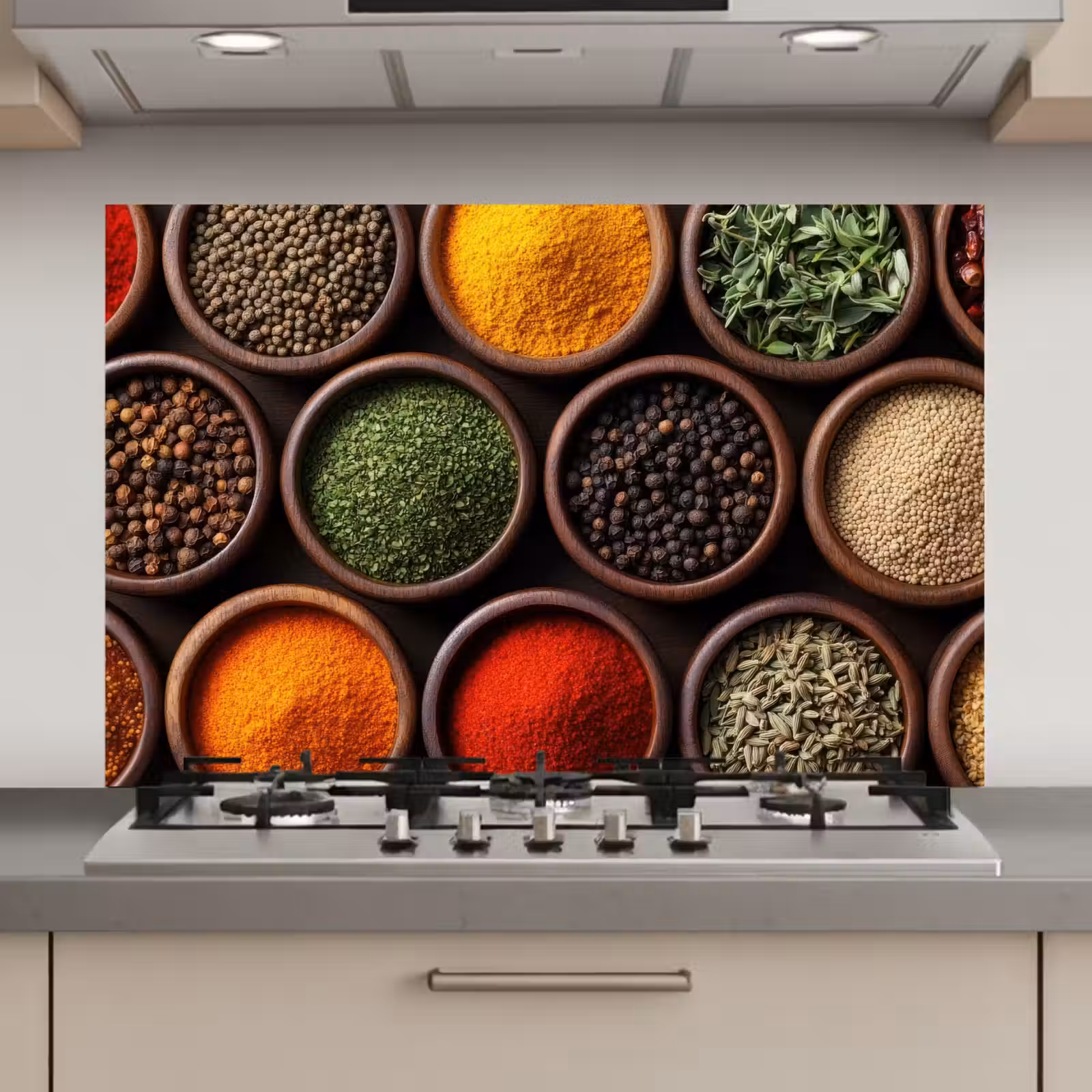 Spatscherm keuken - Bakjes - Hout - Kruiden - Kleurrijk — 1