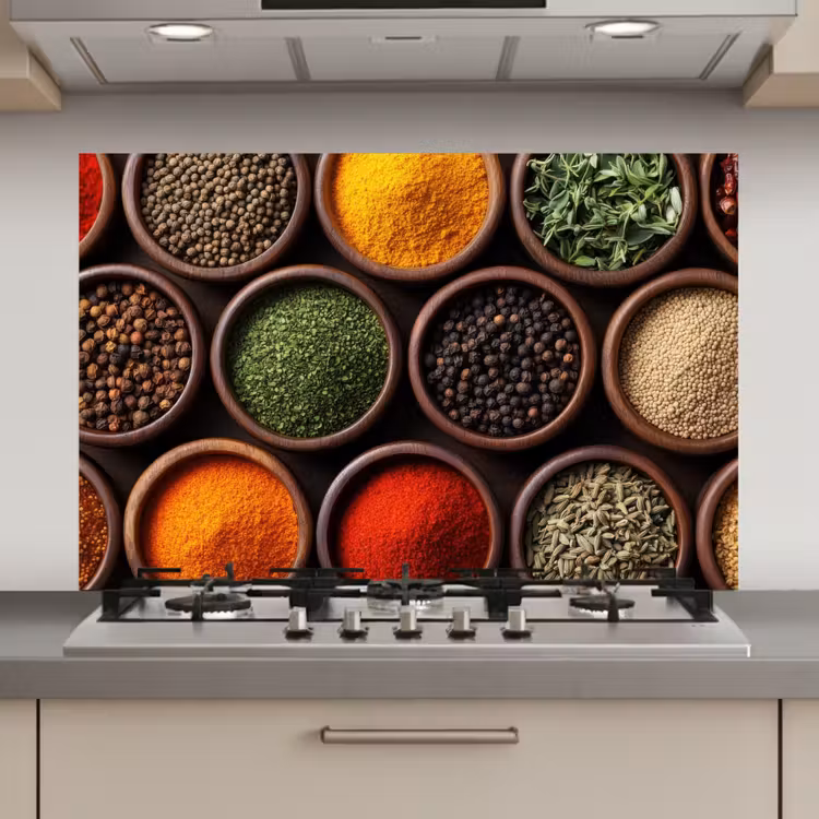 Spatscherm keuken - Bakjes - Hout - Kruiden - Kleurrijk — 1